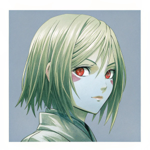 Alice Nakiri, from Shokugeki no Soma, with delicate skin, short, straight, pale blonde hair, and a unique pink mark. Her striking red eyes stand out against a solid lavender background.