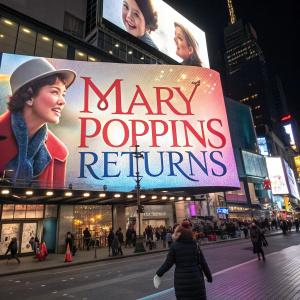 A massive digital billboard in Times Square, showcasing 'Mary Poppins Returns' ahead of its December 19 release date.