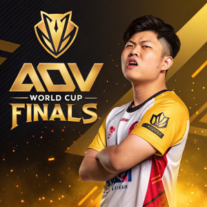 Promotional image for the AoV World Cup Finals. A young Asian male with a fierce look. He's in a gamer jersey. The background is a dynamic mix of gold and AoV logo elements.