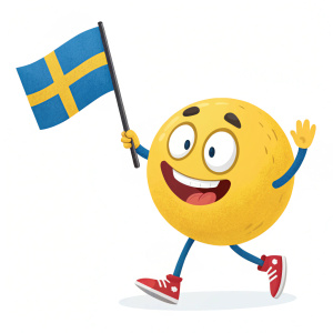 A fun, cartoonish emoji waving a Swedish flag, smiling broadly. Bright, simple design on a plain white background.