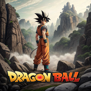 Digital art of a rocky landscape, featuring Goku from Dragon Ball Super. Dragon Ball logo at bottom.