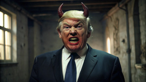 Monster Donald Trump with devil horns, He looks very crazy, extremely creepy, Location Dark Room 