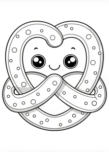 Coloring page, cute cartoon pretzel with salt, white background, black line art, no shading, no shadow, no color, no gray,