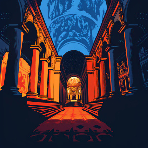 Stunning interior of the historic Salerno Cathedral in Italy. Grand architecture featuring high ceilings, detailed frescoes, and sculptures. Rich colors of gold, white, and brown dominate the space. Shot from inside looking towards the depth.