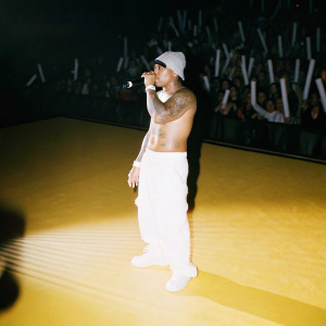 Ja Rule, shirtless with tattoos, performing at a packed stadium. Dimly lit stage with spotlights.