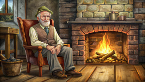 Please create an image of a grandfather sitting in a modest armchair in front of a simple fireplace in 1870s America. The grandfather should have a natural and humble appearance, perhaps with weathered features, and he may be wearing simple clothing indicative of his modest means. He might have a gentle smile on his face, reflecting his warmth and kindness.

The fireplace should have a rustic and humble design, possibly made of rough-hewn stones or bricks. The armchair should also be simple, per
