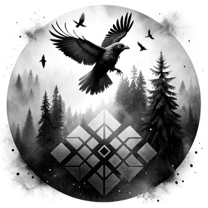 Yggdrasil vegvisir runes  geometric Symbols - raven and trees - perfect realistic art, high-definition, high-definition grey and black, white background 