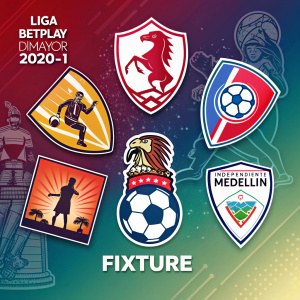 A vibrant display of various soccer team logos from the Liga Betplay Dimayor 2020-I season. Each logo is uniquely designed in different colors and shapes. The logos are from teams in Medellín, with a significant focus on the red-themed Independiente Medellín team, highlighted in the 'Fixture' section.