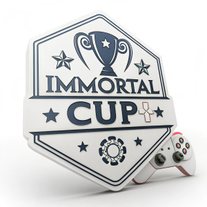A 3D digital rendering of the Immortal Cup logo. Predominantly white, gaming theme, bold font style.