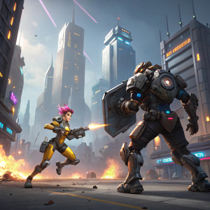 Digital art illustration of Overwatch 2 characters, Tracer and Reinhardt, battling against an army of hybrid mech enemies in a futuristic urban landscape.