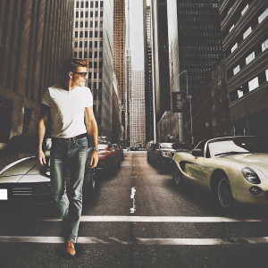 James Dean walking down a bustling city street, surrounded by modern skyscrapers and sleek sports cars. The background is vibrant and colorful.