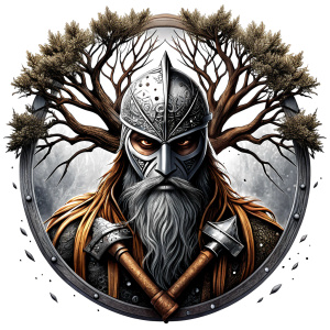 Wikinger mit zwei Gesichtern baum yggdrasil – and weapons high-definition design grey and black, realistic tattoo design, white background