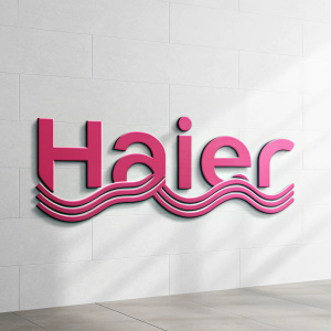 Modern and sleek logo design for Haier. Bold font with wavy pink accents. Against a plain white backdrop