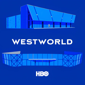 Modern abstract design of Westworld logo, with sleek blue accents on black background, HBO branding beneath
