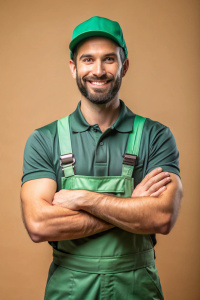 male plumber, foreman, A closed-mouth smile, green uniform, beige background