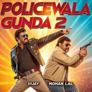 Promotional poster for 'Policewala Gunda 2'. Vijay and Mohan Lal, in action poses. Dynamic background with vibrant colors and energetic design.