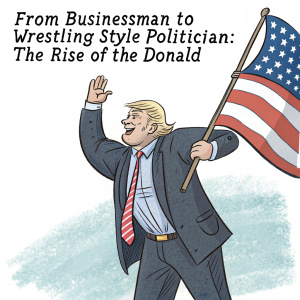 Cartoon illustration of Donald Trump, dressed in a business suit, waving an American flag. The caption reads: 'From Businessman to Wrestling-Style Politician: The Rise of The Donald'