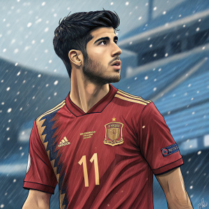 Marco Asensio, the soccer star, wearing his team's jersey number 11. Serious expression, dark hair. Blurry stadium in the background with blue seats.
