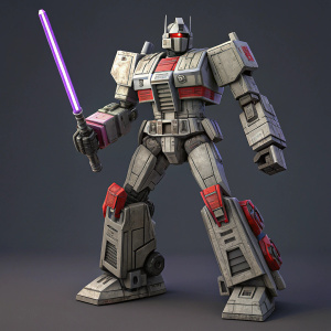 Transformers action figure, Megatron, displayed in multiple battle-ready poses. Mainly gray with vivid red and purple highlights.