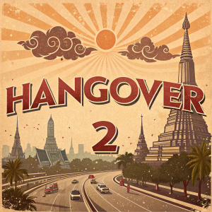 Promotional poster for 'Hangover 2'. The poster has a vintage, distressed look. Cityscape of Bangkok, playful and adventurous text.