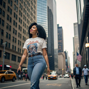 Nicki Minaj in a casual outfit, wearing a printed t-shirt and jeans. Walking on a busy city street, surrounded by skyscrapers.