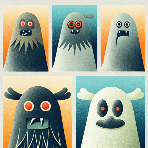 Digital illustrations of the mutt from The Hunger Games. Various textures and colors on a black background.