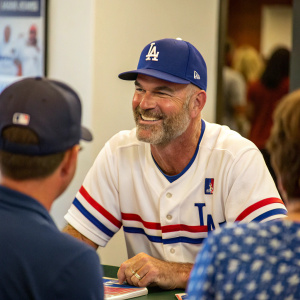 Kirk Gibson, former baseball player, in a casual meet-and-greet session. Wearing a white shirt with blue and red stripes, and a LA Dodgers cap.