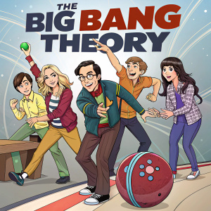 The cast of The Big Bang Theory, including Sheldon, Leonard, Penny, Howard, and Raj, posing with the show's logo in a vibrant, playful setting.