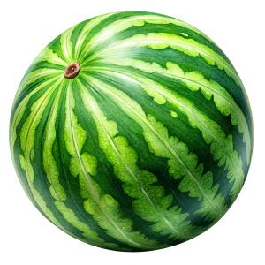 Create a realistic depiction of a watermelon without the usual cross-section view. Instead, focus on capturing the unblemished integrity of the entire watermelon, showcasing its natural shades of green without revealing the inner red and seeds. Emphasize the smooth texture of the watermelon's skin and the variations in green tones. The overall image should convey the freshness and wholesome appearance of a whole, uncut watermelon.