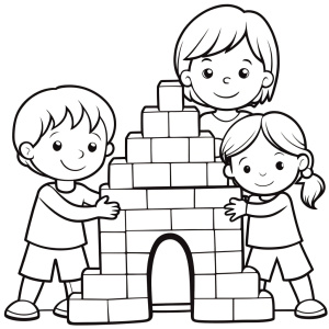 simple black and white coloring book page of Two kids building a fort Coloring page, line art, black lines, white background, coloring book page. 