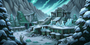minimalistic fantasy ice wind valley, snow, ancient ruins
