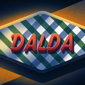 Dalda brand logo in bold red letters on a retro green and white gingham pattern. Classic and inviting design.