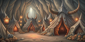 fantasy underground dark lair with tents, horns