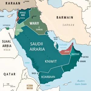 Map highlighting the Arabian Peninsula with detailed regions including Saudi Arabia, Kuwait, Bahrain, and Qatar.