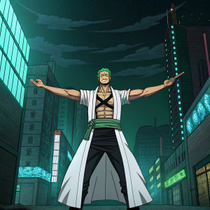 Roronoa Zoro, character from One Piece manga. Wearing a white and black outfit, posing with arms stretched out, showing off his muscular build. Dark, futuristic cityscape background