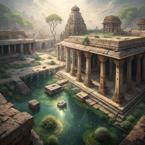 Aerial view of Prasanna Virupaksha Temple in Hampi, Karnataka, India. The temple's interior is filled with water, showcasing stone columns and algae-like growths. Ruins of ancient architecture