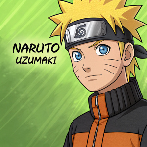 Naruto Uzumaki, sharp jawline, big expressive eyes. Wearing orange and black outfit with headband. Dark text on the right side of his head. Green background, similar to anime style.