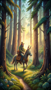 hombre montado en su burro en el bosque