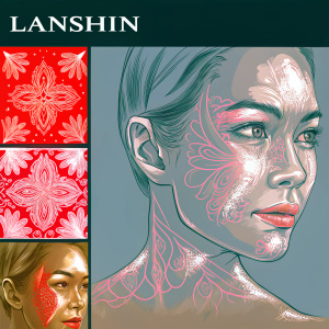 Homepage of Lanshin website featuring a sleek design. Top banner showcases brand name. Main image depicts intricate patterns inspired by traditional Chinese medicine. Scroll down for detailed images of an Asian woman using the products with visible skincare improvements. The overall look is sophisticated and modern.