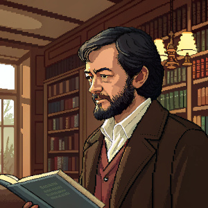 Pixel art portrait of Julio Cortázar, famous writer, in a cozy library setting.