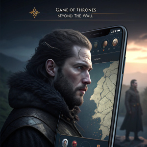 A promotional app screen for 'Game of Thrones: Beyond the Wall'. Displaying detailed character profile and interactive map features.