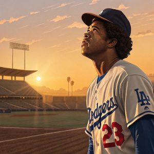Raul Mondesi, intense look, wearing LA Dodgers jersey, standing on empty baseball field. Sun setting in background.