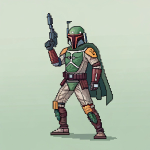 Pixelated depiction of Boba Fett. Star Wars character in detailed pixel art. Dynamic stance. Limited color palette. Light green backdrop.