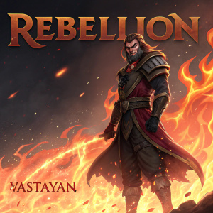 Vastayan character from League of Legends, fiery backdrop with 'Rebellion' text. Character with intense expression, surrounded by flames.