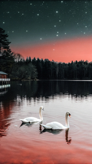 At midnight, the deep blue sky and the stars reflected on the lake. Two swans swam upstream on the lake