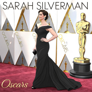Sarah Silverman on the Oscars red carpet. Wearing an elegant black off-the-shoulder gown with a fitted bodice and flowing skirt. Surrounded by glitz and glamour, golden statuettes, and Oscar logos.