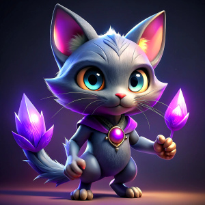 anthropomorphic pixar cat with violet crystals in hand. squinted evil eyes. standing on his feet. white background character design illustration