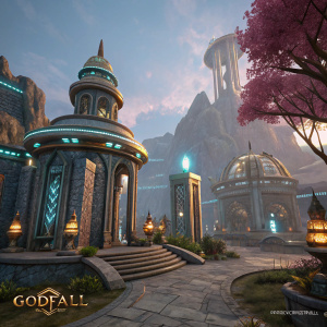 A detailed 3D model of a fantasy realm from Godfall. Futuristic structures with a mix of metallic and stone textures. Intricate designs and advanced lighting effects. Created by Counterplay Games.
