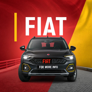 Digital Ad: Black PULSE ABARATH FIAT car, sleek design, modern grille, LED lights. Vibrant red and yellow background, bold FIAT logo and text. Visit FIAT Brazil for more info.
