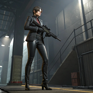 3D render of Ada Wong, Resident Evil character, standing in an ominous setting. She wears a sleek, form-fitting suit and clutches a high-tech firearm. The background is a shadowy, industrial environment with a muted color scheme of black and grey tones.